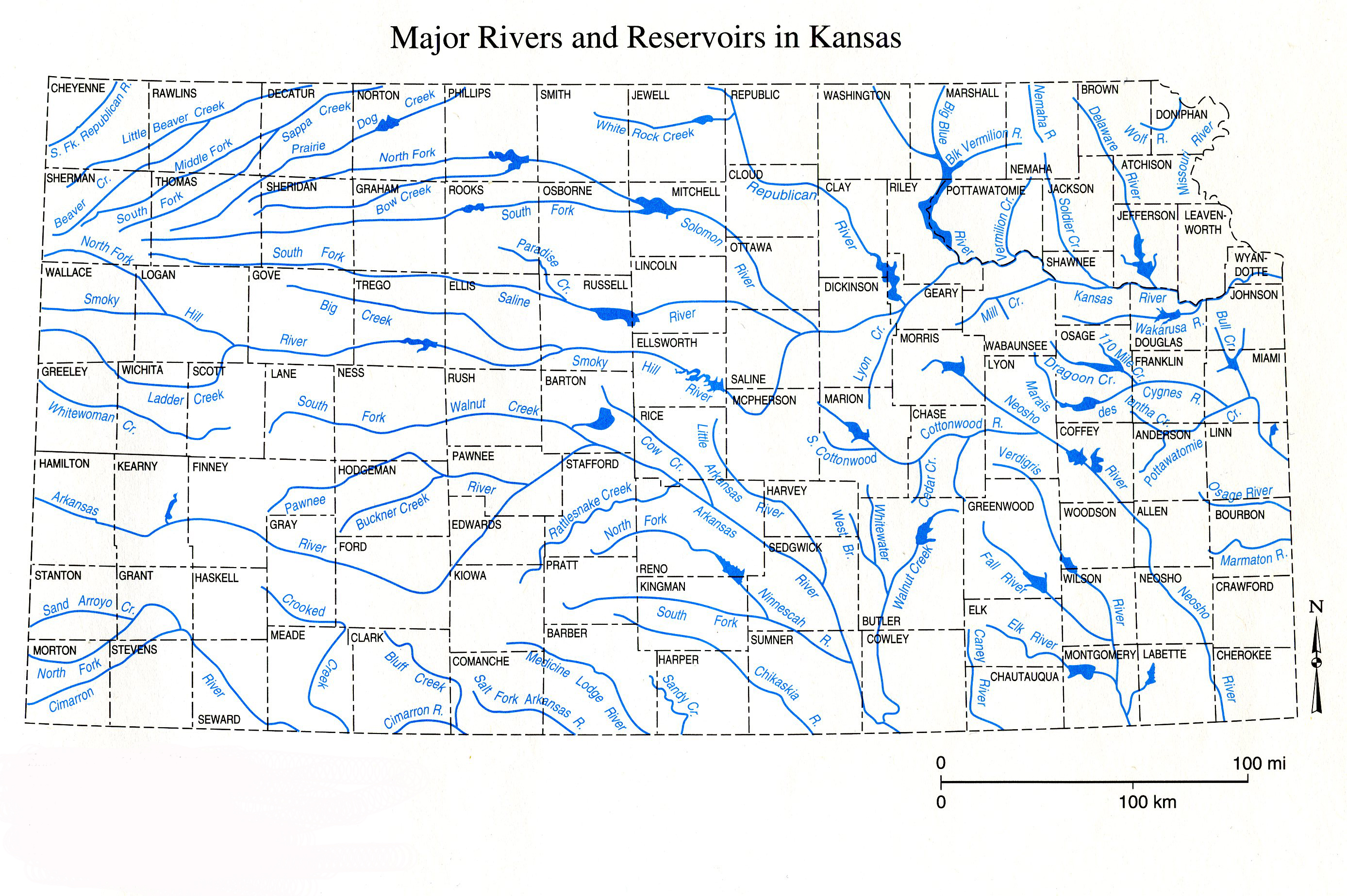 Map of major rivers and reservoirs in Kansas.