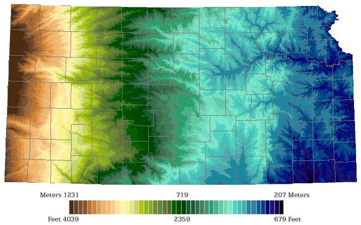 Color elevation map of Kansas