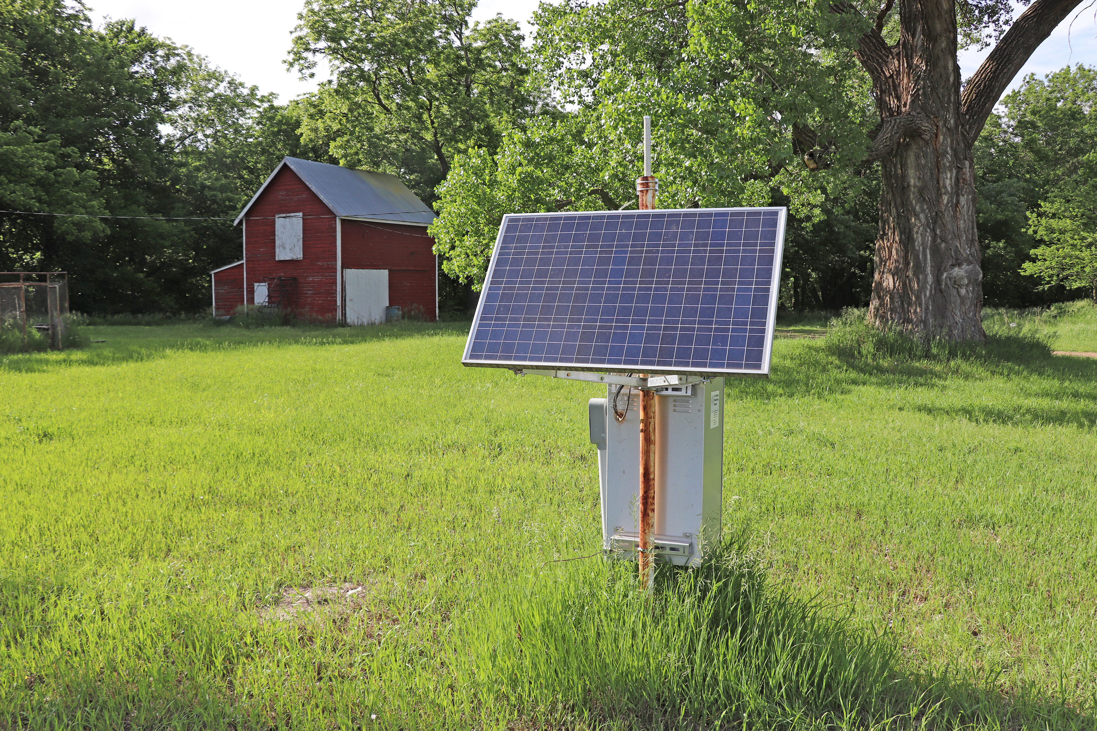 Solar panel providing power at the KGS earthquake monitoring station in Pratt County.