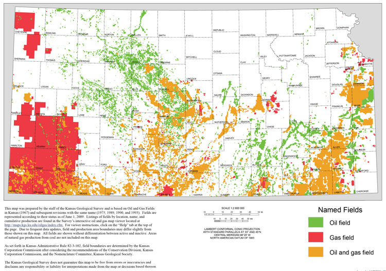Generalized map of oil and gas fields in Kansas
