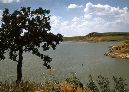 Sandstone formation across lake