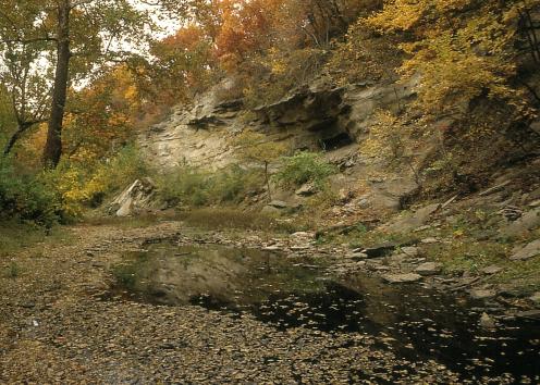 Creek running alongside sandstone cliff